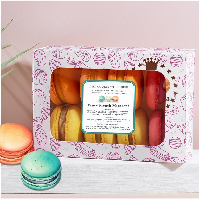Cottage Law Home Bakery Ingredients Allergens Square Sticker (Home Based Cookie Bakery Macarons Logo Square Cottage Law Label)