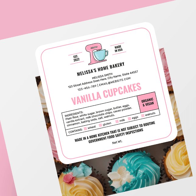 Cottage Law Label Blush Pink White Bakery Sticker (Feminine blush pink and white home bakery ingredients labels with allergens checklist)