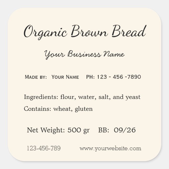 Cottage Law Label Home Bakery Bread Ingredients (Front)