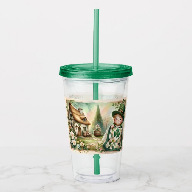 Cottage Leprechaun Patchwork Quilt Scene Acrylic Tumbler (Front)