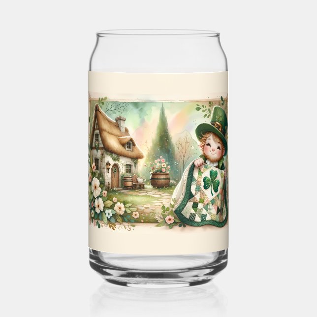 Cottage Leprechaun Patchwork Quilt Scene Can Glass (Front)