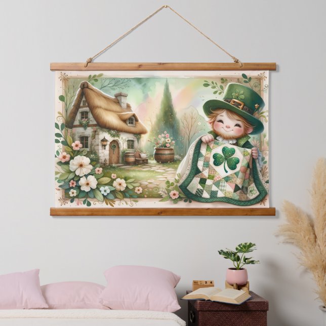 Cottage Leprechaun Patchwork Quilt Scene Hanging Tapestry (Bedroom)