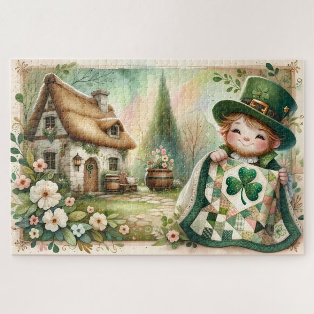 Cottage Leprechaun Patchwork Quilt Scene Jigsaw Puzzle (Horizontal)