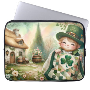 Cottage Leprechaun Patchwork Quilt Scene Laptop Sleeve