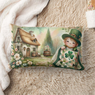 Cottage Leprechaun Patchwork Quilt Scene Lumbar Pillow