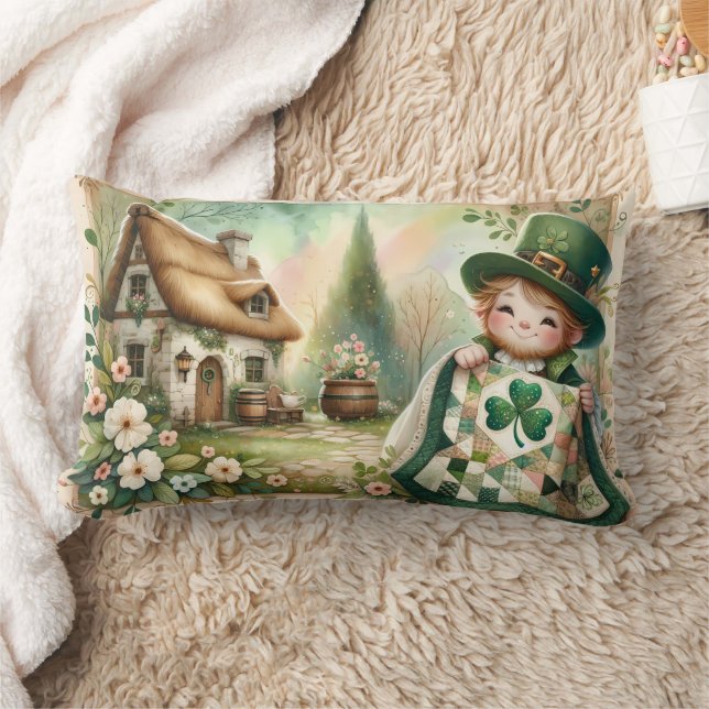 Cottage Leprechaun Patchwork Quilt Scene Lumbar Pillow (Blanket)