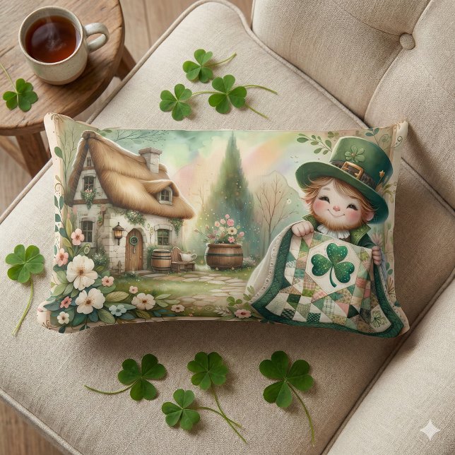 Cottage Leprechaun Patchwork Quilt Scene Lumbar Pillow (Cottage Leprechaun Patchwork Quilt Scene Lumbar Pillow Mockup A)