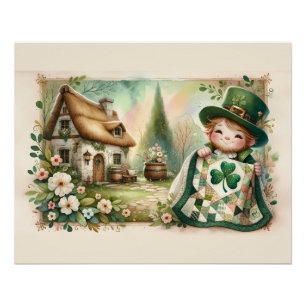 Cottage Leprechaun Patchwork Quilt Scene Poster