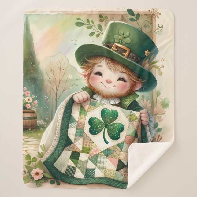 Cottage Leprechaun Patchwork Quilt Scene Sherpa Blanket (Front)