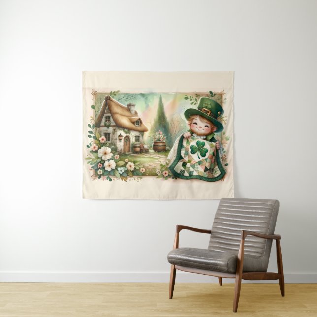 Cottage Leprechaun Patchwork Quilt Scene Tapestry (In Situ (Horizontal))
