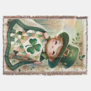 Cottage Leprechaun Patchwork Quilt Scene Throw Blanket