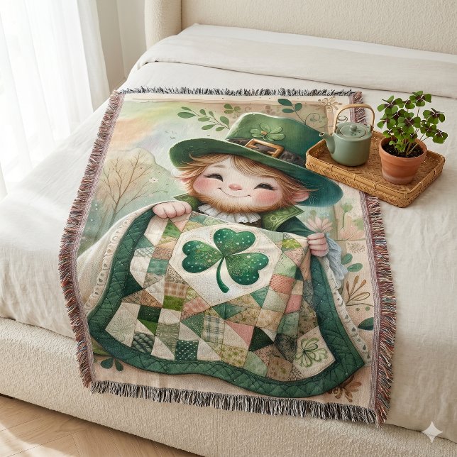 Cottage Leprechaun Patchwork Quilt Scene Throw Blanket (Cottage Leprechaun Patchwork Quilt Scene Throw Blanket)