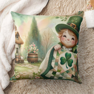 Cottage Leprechaun Patchwork Quilt Scene Throw Pillow