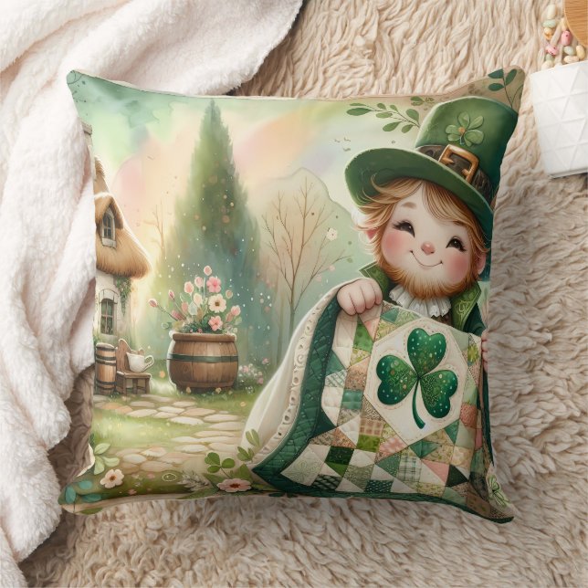 Cottage Leprechaun Patchwork Quilt Scene Throw Pillow (Blanket)