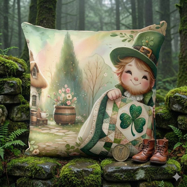 Cottage Leprechaun Patchwork Quilt Scene Throw Pillow (Cottage Leprechaun Patchwork Quilt Scene Throw Pillow Mockup A)