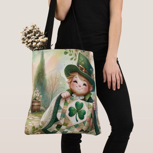 Cottage Leprechaun Patchwork Quilt Scene Tote Bag (Close Up)