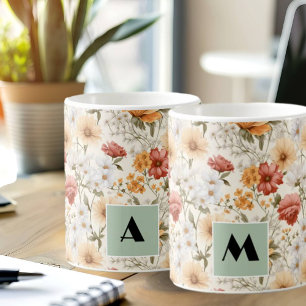 Cottage Meadow Colourful Wildflowers Monogram Coffee Mug