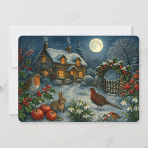 Cottage On A Snowy Winter Moonlit Night Christmas Holiday Card