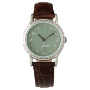 Cottage Pink and Green Floral Wreath Personalized Watch