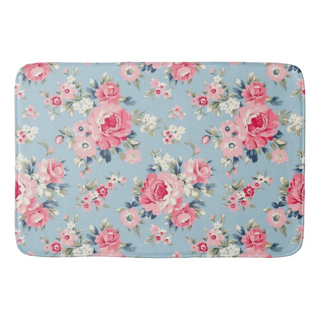 Cottage Pink Roses on Blue Background Bath Mat (Front)