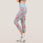 Cottage Pink Roses on Blue Background Capri Leggings<br><div class="desc">Elegant and romantic seamless floral pattern featuring cottage style pastel pink roses with white and pink wildflowers on light sky blue background. Waistband colour is customizable.</div>