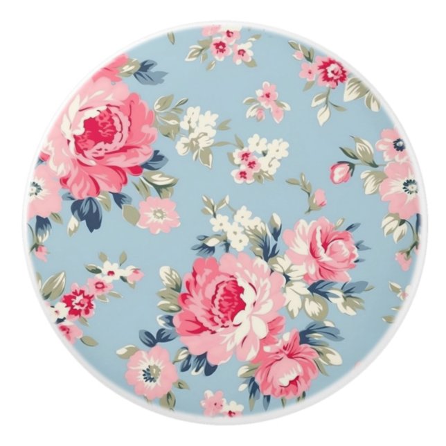 Cottage Pink Roses on Blue Background Ceramic Knob (Front)