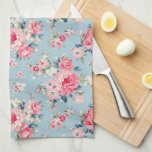 Cottage Pink Roses on Blue Background Kitchen Towel<br><div class="desc">Elegant and romantic seamless floral pattern featuring cottage style pastel pink roses with white and pink wildflowers on light sky blue background.</div>