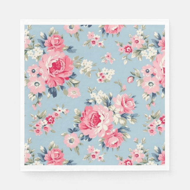 Cottage Pink Roses on Blue Background Napkin (Front)