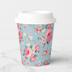 Cottage Pink Roses on Blue Background Paper Cups