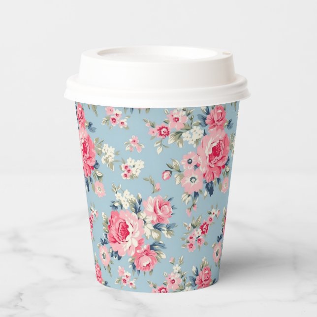 Cottage Pink Roses on Blue Background Paper Cups (Front)