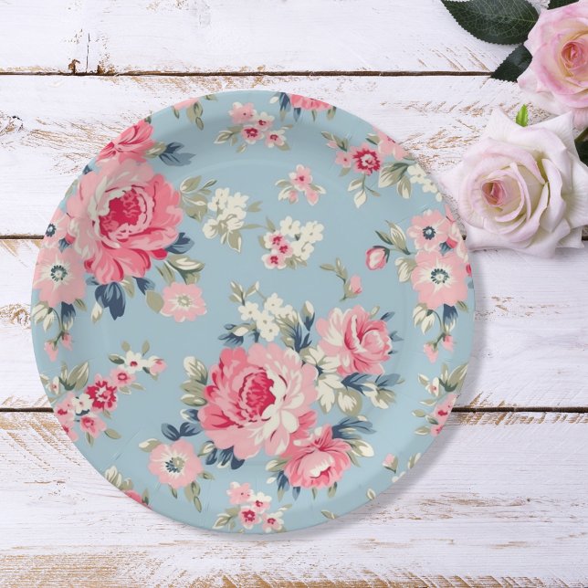 Cottage Pink Roses on Blue Background Paper Plate (Creator Uploaded)