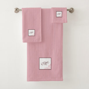 Cottage Pink Stripe Rose Lace Script Monogram Bath Towel Set