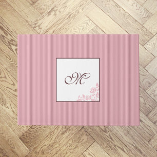 Cottage Pink Stripe Rose Lace Script Monogram Doormat