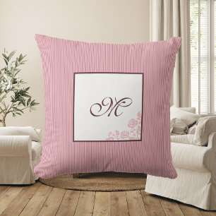 Cottage Pink Stripe Rose Pattern Script Monogram Throw Pillow