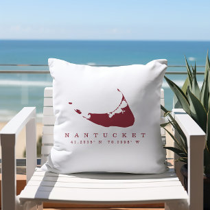 Cottage Red Nantucket Map with Coordinates Lumbar Pillow