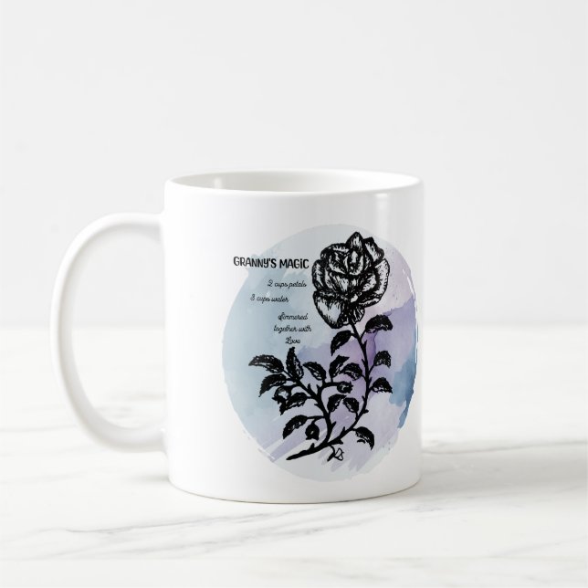 Cottage Rose on Blue - Granny's Magic Coffee Mug (Left)