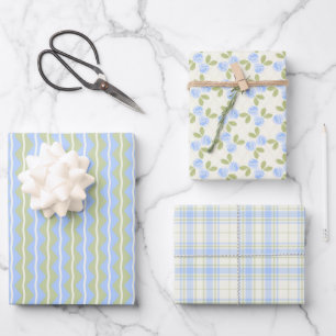 Cottage Roses, Tartan and Stripes Set in sky blue Wrapping Paper Sheet