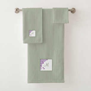 Cottage Sage Stripe Purple Floral Script Monogram Bath Towel Set