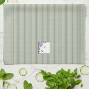 Cottage Sage Stripe Purple Floral Script Monogram Kitchen Towel