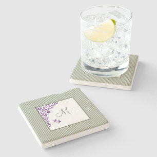 Cottage Sage Stripe Purple Floral Script Monogram Stone Coaster