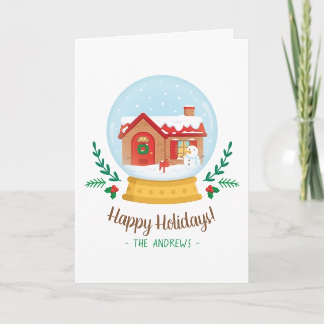 Cottage Snowman Christmas Snow Globe Greeting Card (Front)