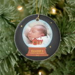 Cottage Snowman Snow Globe Babys 1st Christmas Ceramic Ornament<br><div class="desc">An ornament with a cute snow globe that has a cottage house with chimney and red roof covered by the falling snow. On the front of the house is a snowman and letter post box. Personalize with your little one's photo and name for a special baby's first Christmas keepsake ornament....</div>