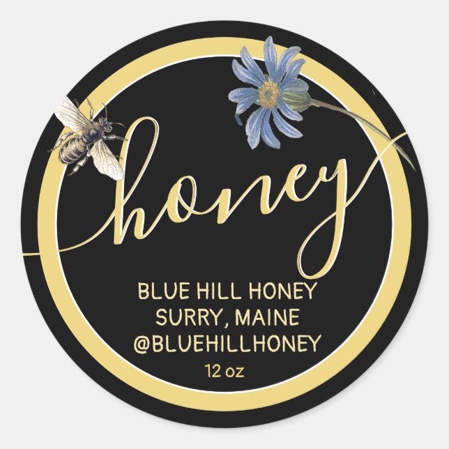 Cottage Style Blue Flowers Honey Label Bee Black (Front)