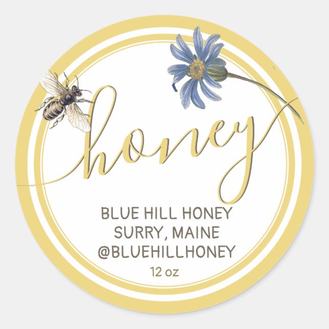 Cottage Style Blue Flowers Honey Label with Bee  (Front)