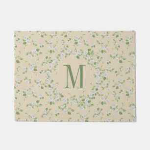 Cottage Style Floral White Daisies Cream Monogram Doormat