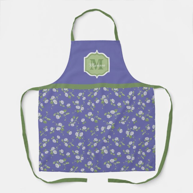Cottage Style Periwinkle Floral Daisies Monogram Apron (Front)