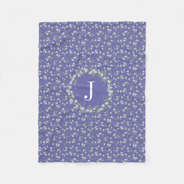 Cottage Style Periwinkle Floral Monogram Fleece Blanket (Front)
