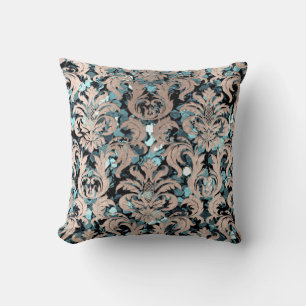 Cottage Teal Aquatic Damask Blue Tiffany Ivory Throw Pillow