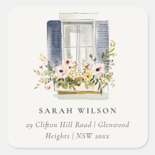 Cottage Vintage Floral Window Moved Address Square Sticker