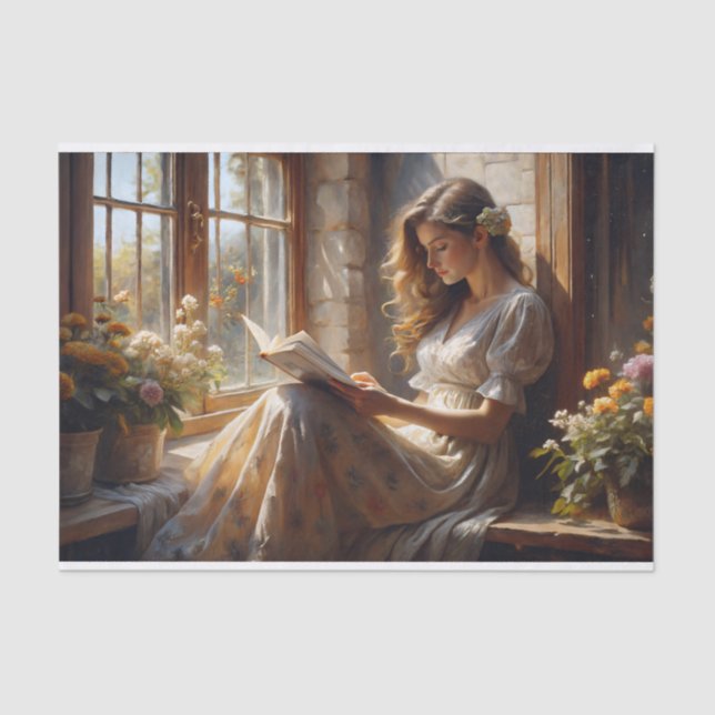 Cottage Window Reverie Romantic Reading Decoupage Tissue Paper (Front)